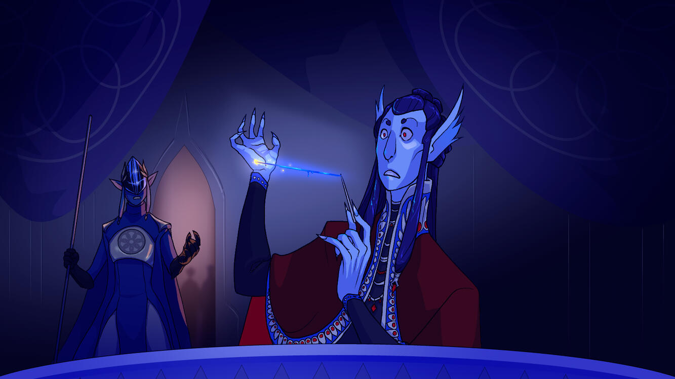 Councilor Vontaas removes a metal dart from their hand.