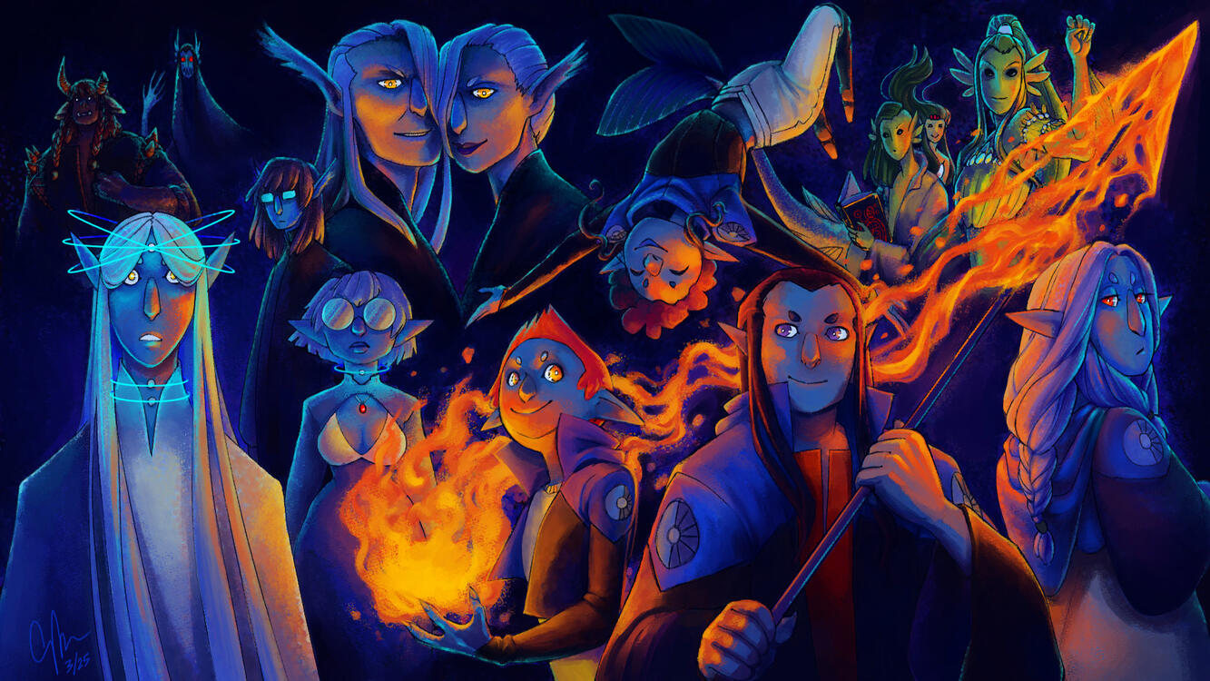 Wallpaper-sized illustration featuring all characters in the pilot (and a few who aren't)